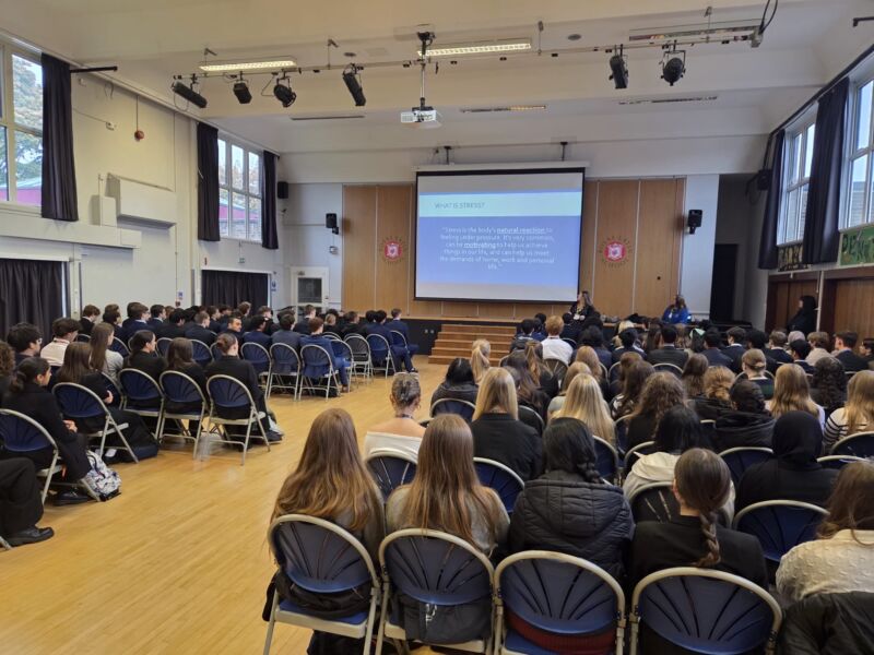 Image for the Tweet beginning: Y13 assembly on managing stress